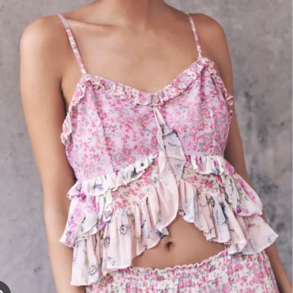 LoveShackFancy Abbot Silk Top Pink ruffle tiered sweetheart neckline cami blouse
